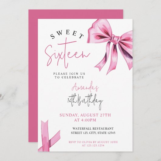 エレガントなピンクのクーデター ボウ スイート16 誕生日 招待状 (正面/裏面)
