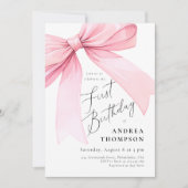 エレガントなピンクのクーデュールリボン 女の子のファーストバースデー 招待状 (正面)