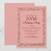 エレガントなピンクのグリッター スパークル 女性 100歳の誕生日 招待状 (正面/裏面)