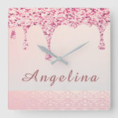 エレガントなピンクのグリッター ドリップレース ブライダルシャワー スクエア壁時計 (正面)