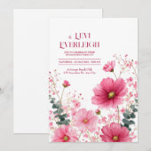 エレガントなピンクのコスモスとユーカリの水彩画 招待状 (正面/裏面)