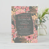 エレガントなピンクのゴールデンセージの花と葉の誕生日 招待状 (スタンド正面)