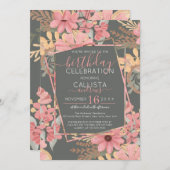 エレガントなピンクのゴールデンセージの花と葉の誕生日 招待状 (正面/裏面)