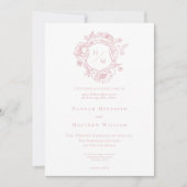 エレガントなピンクのシノワズリーバード＆クレストウェディング 招待状 (正面)