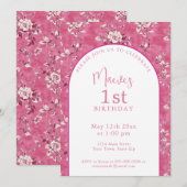 エレガントなピンクのシノワズリー 1歳の誕生日パーティー 招待状 (正面/裏面)