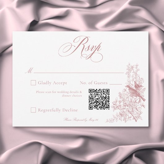 エレガントなピンクのシノワズリ・自然と鳥の結婚式QR 出欠カード