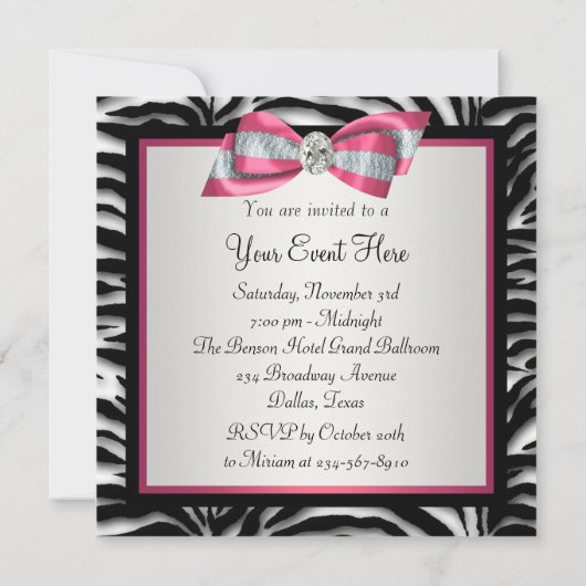 エレガントなピンクのシマウマパーティーの招待状 招待状 (裏面)