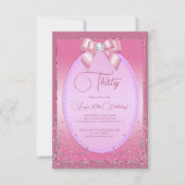 エレガントなピンクのジュエルダイヤモンドのリボンとコンフェッティの誕生日 招待状 (正面)