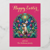 エレガントなピンクのステンドグラスうさぎの庭師 イースター 箔シーズンカード (正面)