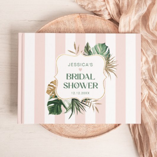 エレガントなピンクのストライプ 熱帯の女の子らしい ブライダルシャワー ゲストブック