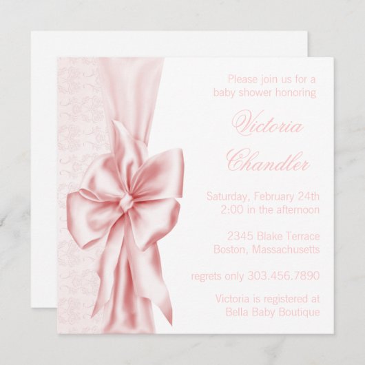 エレガントなピンクのダマスクベビーガールシャワー 招待状 (正面/裏面)