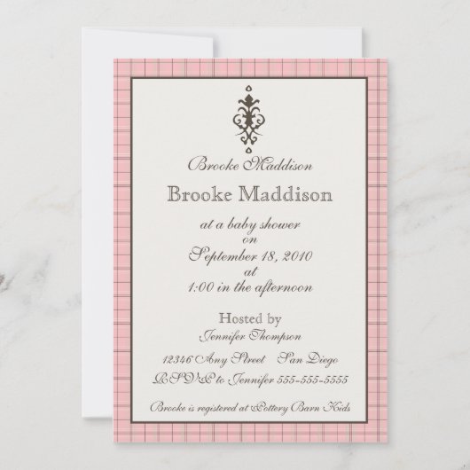 エレガントなピンクのチェック柄 招待状 (正面)
