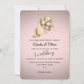 エレガントなピンクのチューリップのブーケ ウェディング 招待状 (正面)