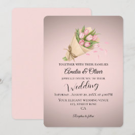 エレガントなピンクのチューリップのブーケ ウェディング 招待状