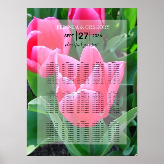 エレガントなピンクのチューリップ ウェディング シーティング チャート (正面)