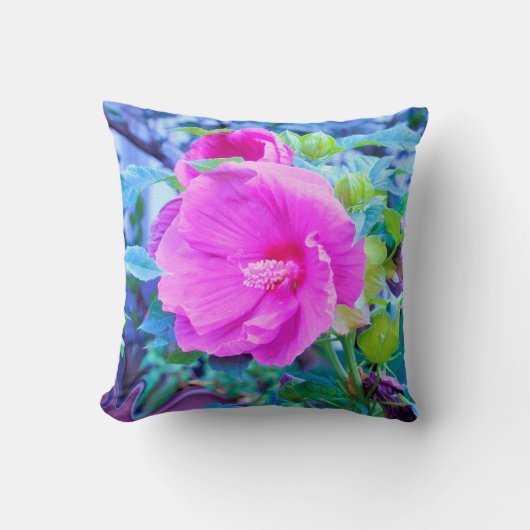 エレガントなピンクのハイビスカスと波打つ青い葉 クッション (正面)