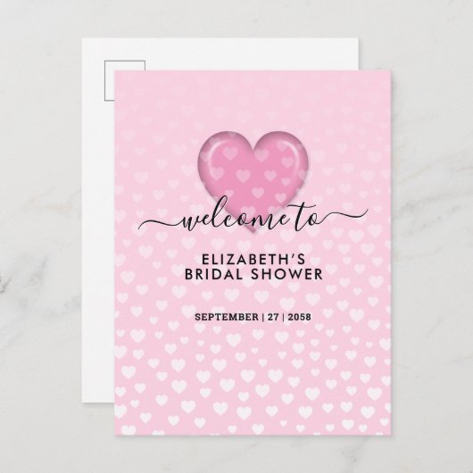 エレガントなピンクのハートとドットのデザイン 案内ポストカード (正面/裏面)