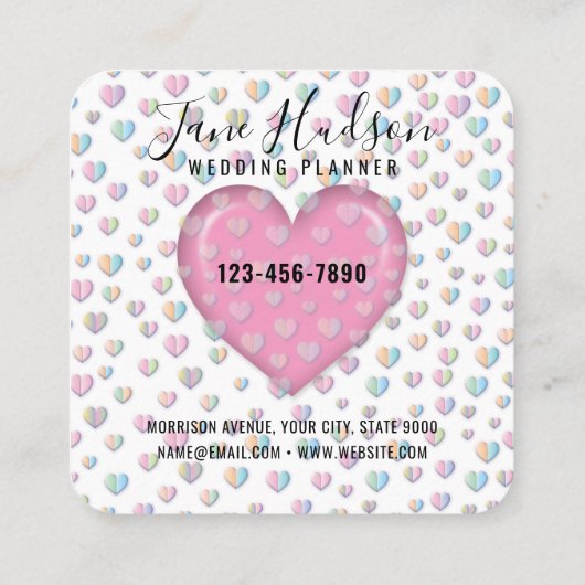 エレガントなピンクのハートに斑点のデザイン スクエア名刺 (裏面)