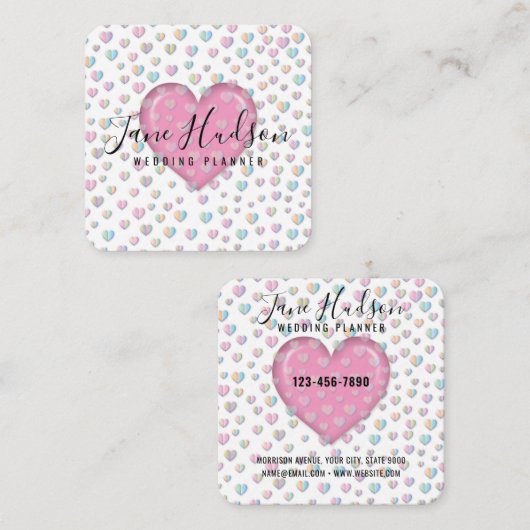 エレガントなピンクのハートに斑点のデザイン スクエア名刺 (正面/裏面)