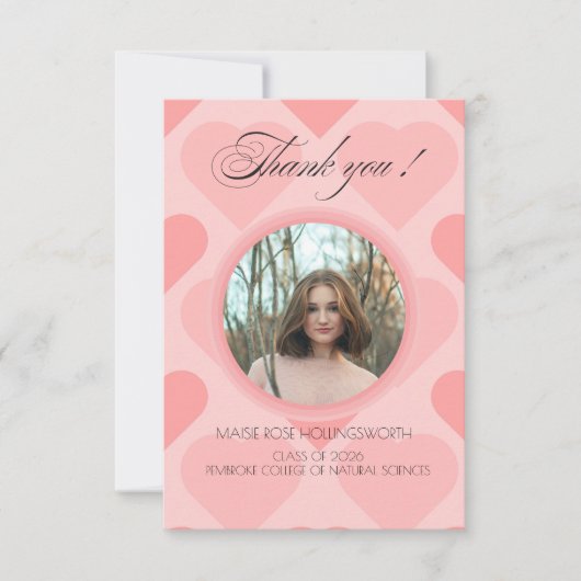 エレガントなピンクのハートの卒業感謝  サンキューカード (正面)