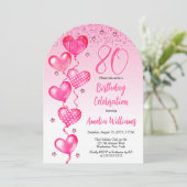エレガントなピンクのハート風船 80歳の誕生日パーティー 招待状 (スタンド正面)