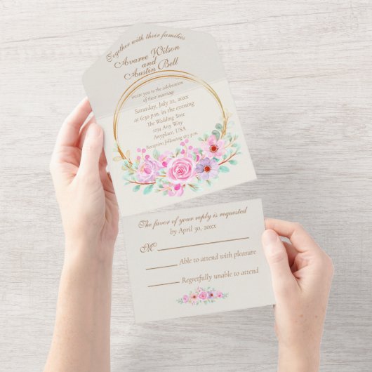 エレガントなピンクのバラとゴールドの幾何学模様の円 オールインワン招待状 (貼ってはがせる)