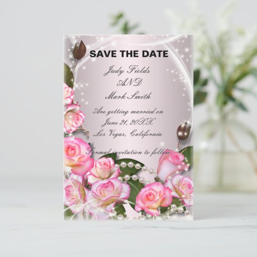 エレガントなピンクのバラとパールがおしゃれなSave the Dateカード 招待状 (スタンド正面)