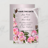 エレガントなピンクのバラとパールがおしゃれなSave the Dateカード 招待状 (正面/裏面)
