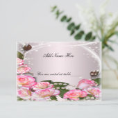 エレガントなピンクのバラとパールのテーブルプレイスカード 招待状 (スタンド正面)