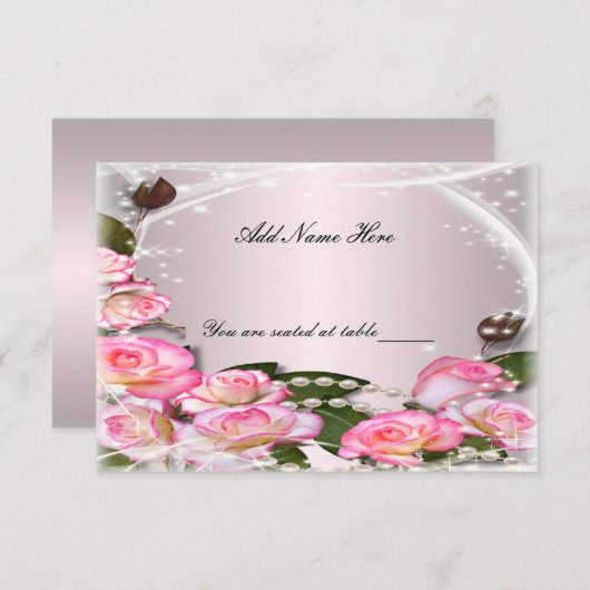 エレガントなピンクのバラとパールのテーブルプレイスカード 招待状