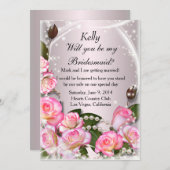 エレガントなピンクのバラとパールのブライズメイドカード 招待状 (正面/裏面)