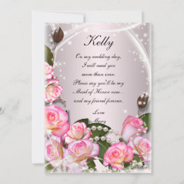 エレガントなピンクのバラとパールのメイド・オブ・オナー・カード 招待状