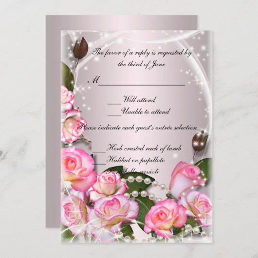 エレガントなピンクのバラとパールの返信カード 招待状 (正面/裏面)