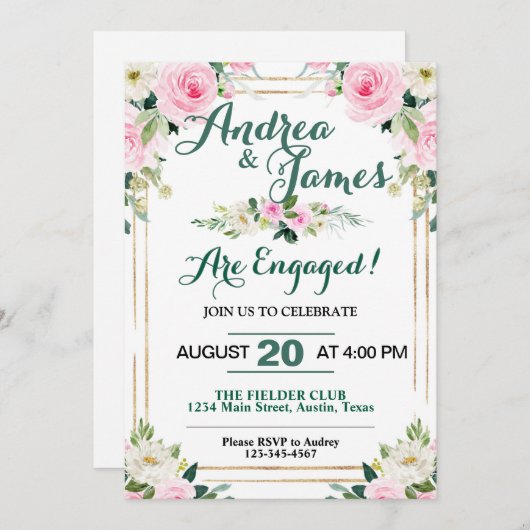 エレガントなピンクのバラのエンゲージメントパーティー 招待状 (正面/裏面)