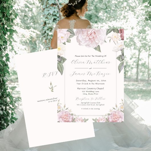 エレガントなピンクのバラのガーデンウェディング招待状 招待状