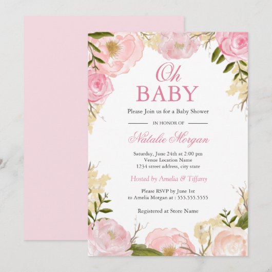 エレガントなピンクのバラのベイビーシャワー カード (正面/裏面)