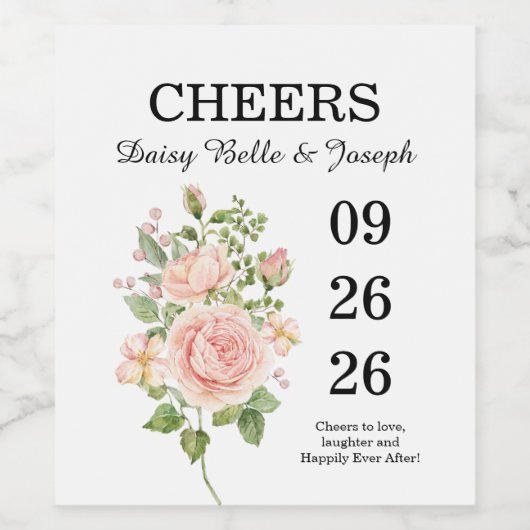 エレガントなピンクのバラの庭での結婚式 ワインラベル (シングルラベル)