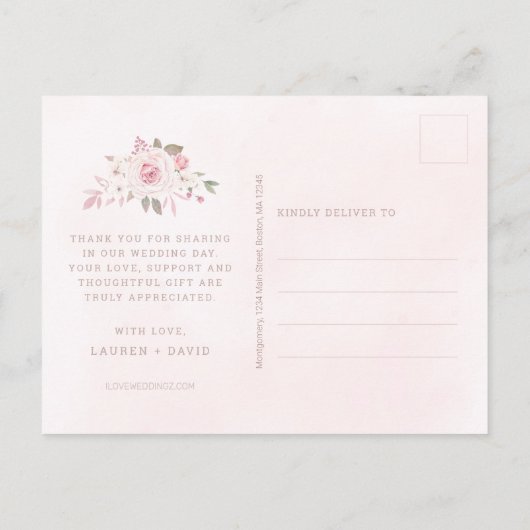 エレガントなピンクのバラの花のウェディングフォト感謝メッセージカード ポストカード (裏面)