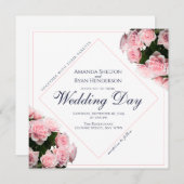 エレガントなピンクのバラの花のウェディング 招待状 (正面/裏面)
