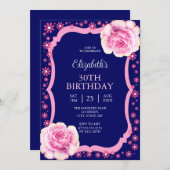 エレガントなピンクのバラの花のダークブルー30歳の誕生日 招待状 (正面/裏面)