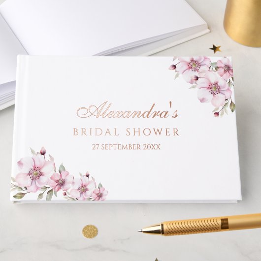 エレガントなピンクのバラの花のブライダルシャワー ゲストブック
