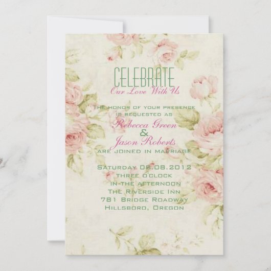 エレガントなピンクのバラの花のヴィンテージ結婚式の招待状 招待状 (正面)