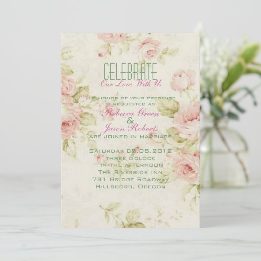 エレガントなピンクのバラの花のヴィンテージ結婚式招待状 招待状 (スタンド正面)