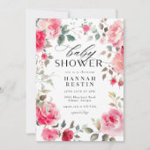 エレガントなピンクのバラの花の女の子のベビーシャワー 招待状 (正面)