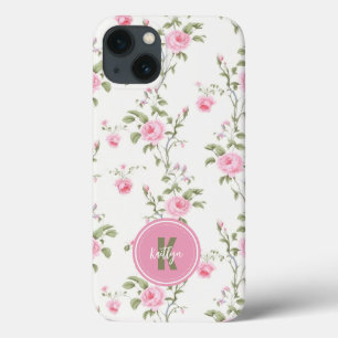 エレガントなピンクのバラの花柄モノグラム iPhone 13ケース