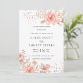 エレガントなピンクのバラの花 フローラル ゴールドの葉 招待状 (スタンド正面)