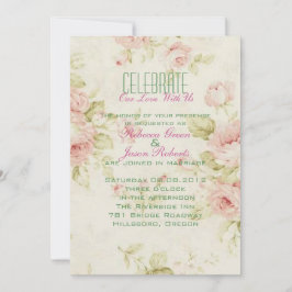 エレガントなピンクのバラの花 フローラル ヴィンテージ ウェディング 招待状