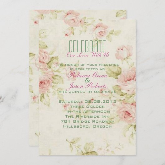 エレガントなピンクのバラの花 フローラル ヴィンテージ ウェディング 招待状 (正面/裏面)