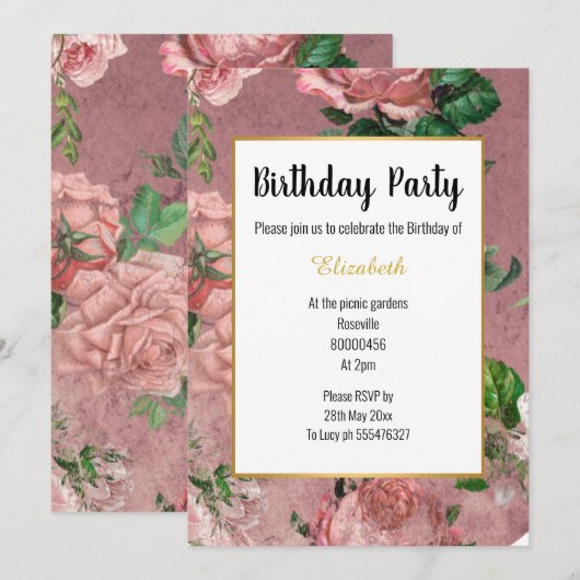エレガントなピンクのバラの花 モチーフの誕生日 招待状 (正面/裏面)