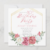 エレガントなピンクのバラ | ゴールドフレーム 80歳の誕生日パーティー 招待状 (正面)